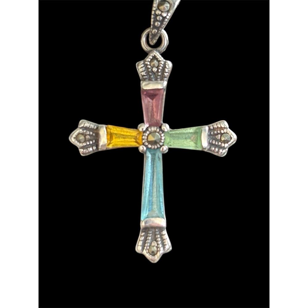 Vtg Sterling Silver Colored Glass Marcasite Cross Pendant 925
